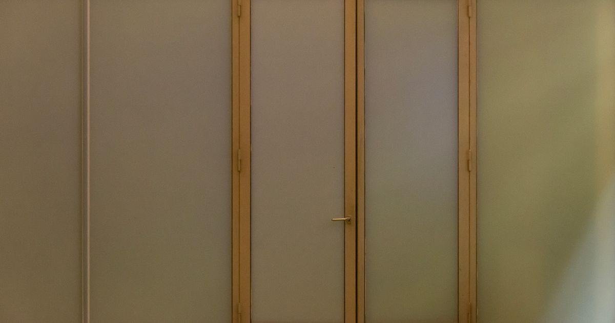 A closed door with frosted glass panels, nothing visible behind it