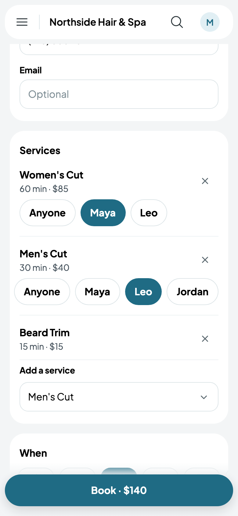 Gina's visit: a cut with Maya, then a cut and beard trim with Leo