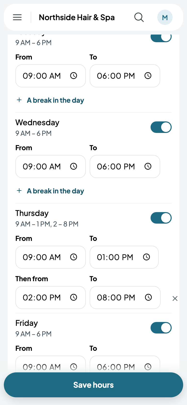 Maya's week, with a break on Thursdays