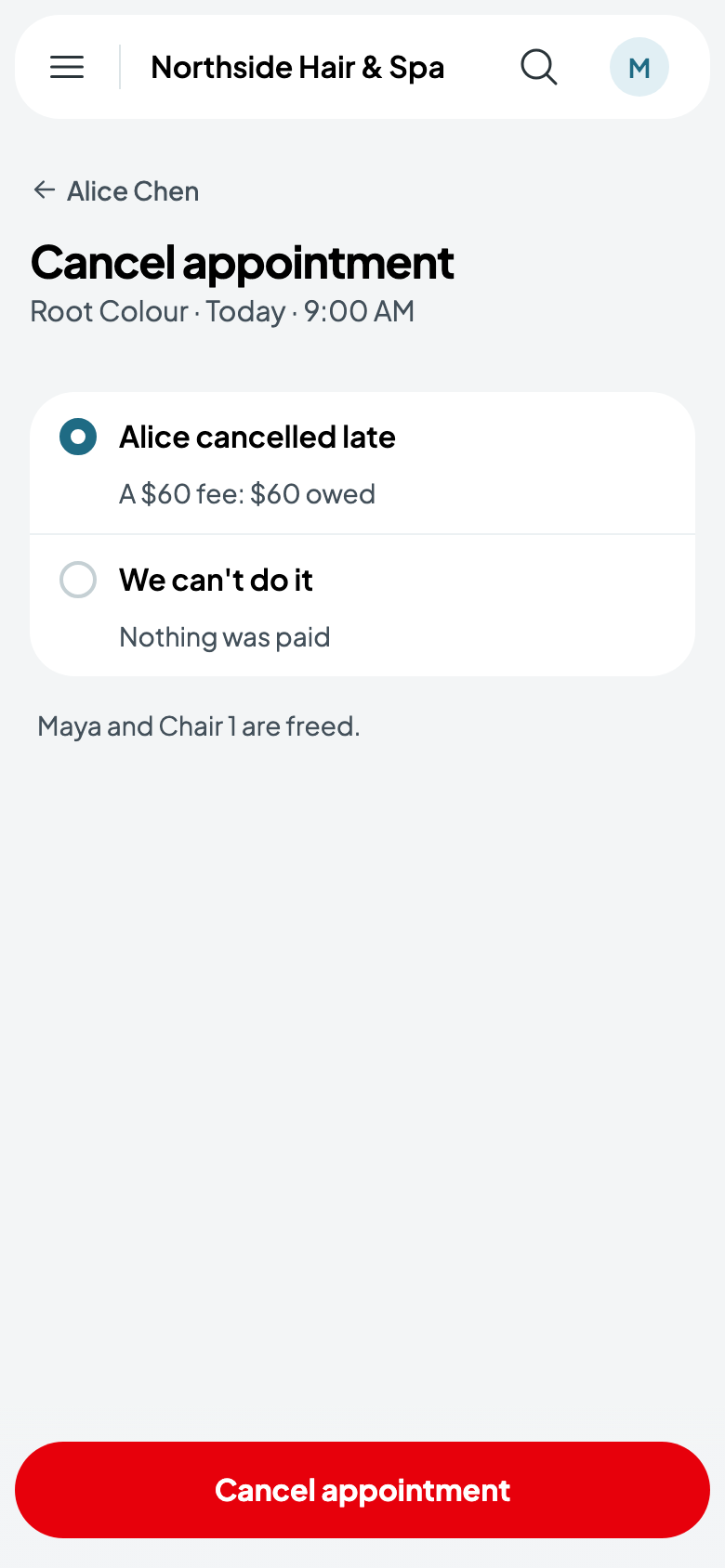 Alice cancels her colour late: a $60 fee