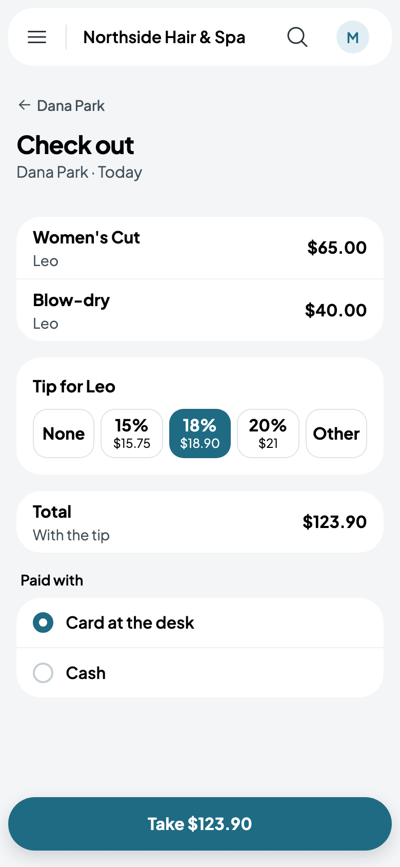 Dana's checkout: an 18% tip for Leo, by card at the desk