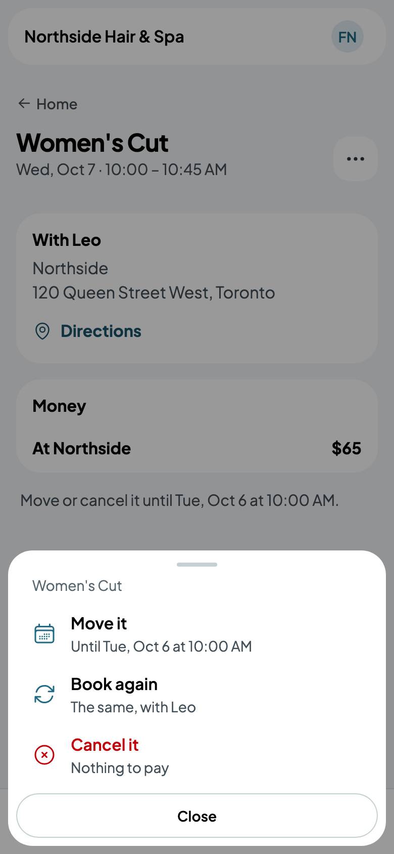 Move it, book again, or cancel it