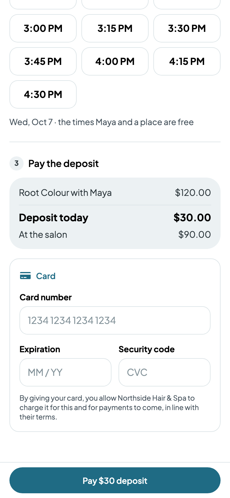 The $30 deposit, and $90 at the salon