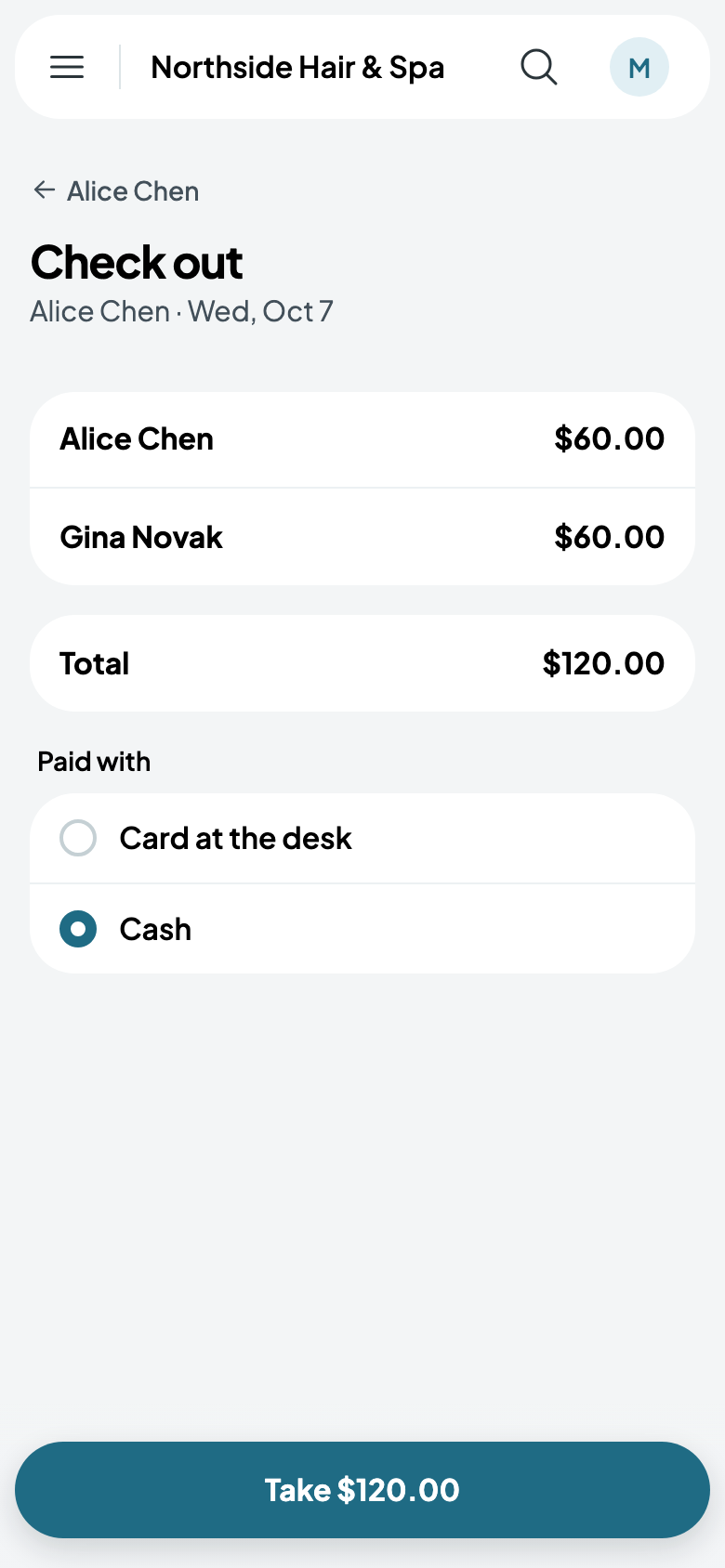 The group's checkout: Alice and Gina, $60 each, in cash