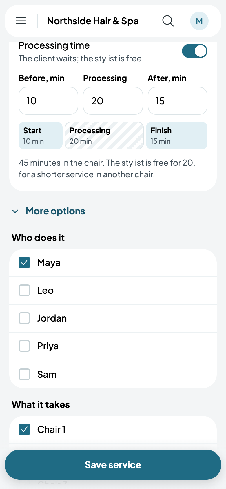 A toner, done by Maya, in Chair 1 or Chair 2