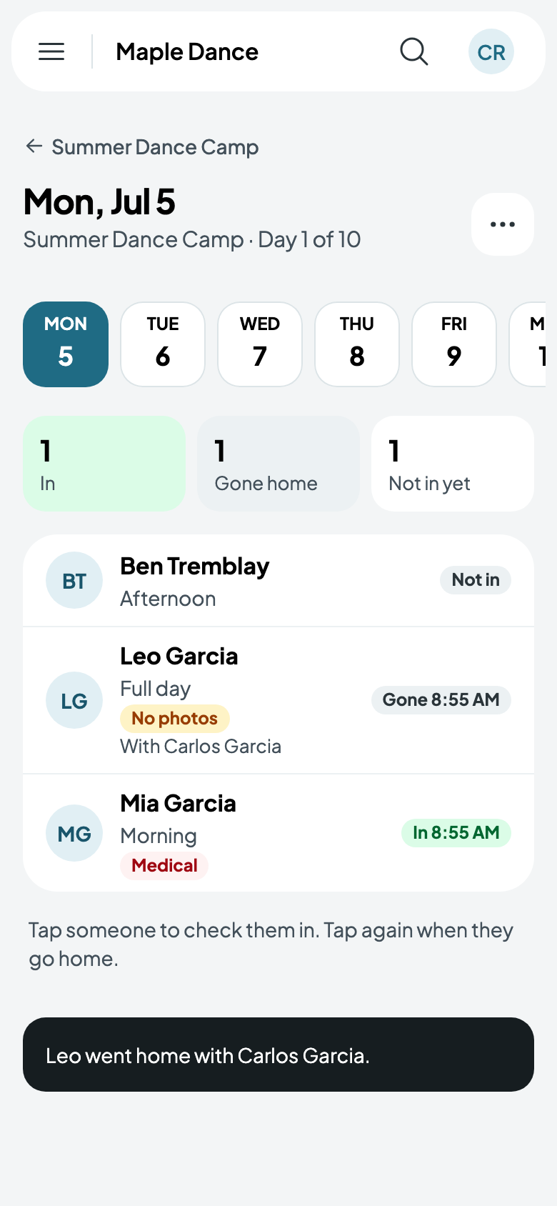 Mia in at 8:55 AM; Leo gone home with Carlos Garcia