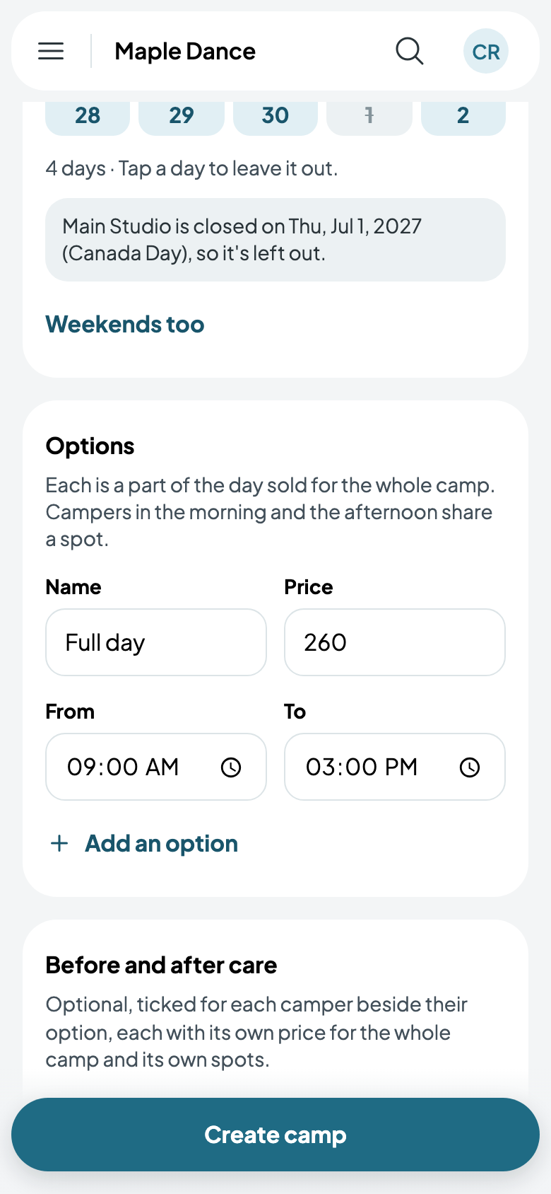 A full day, 9:00 AM to 3:00 PM, for $260