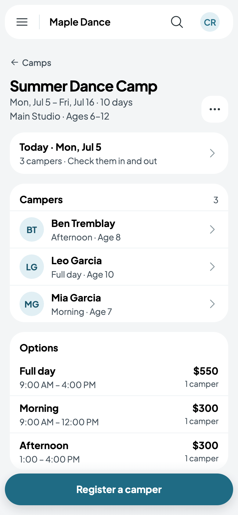 Today, Monday, July 5: 3 campers