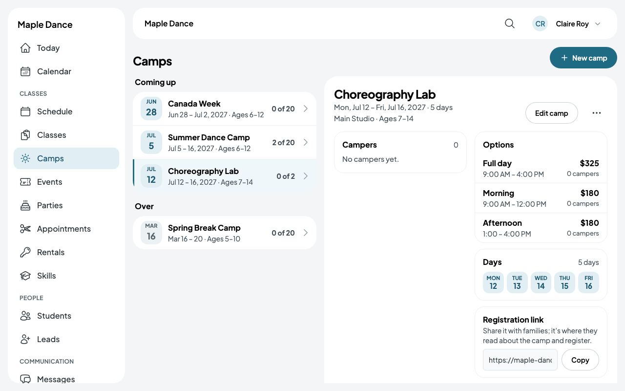 Choreography Lab beside the list of camps