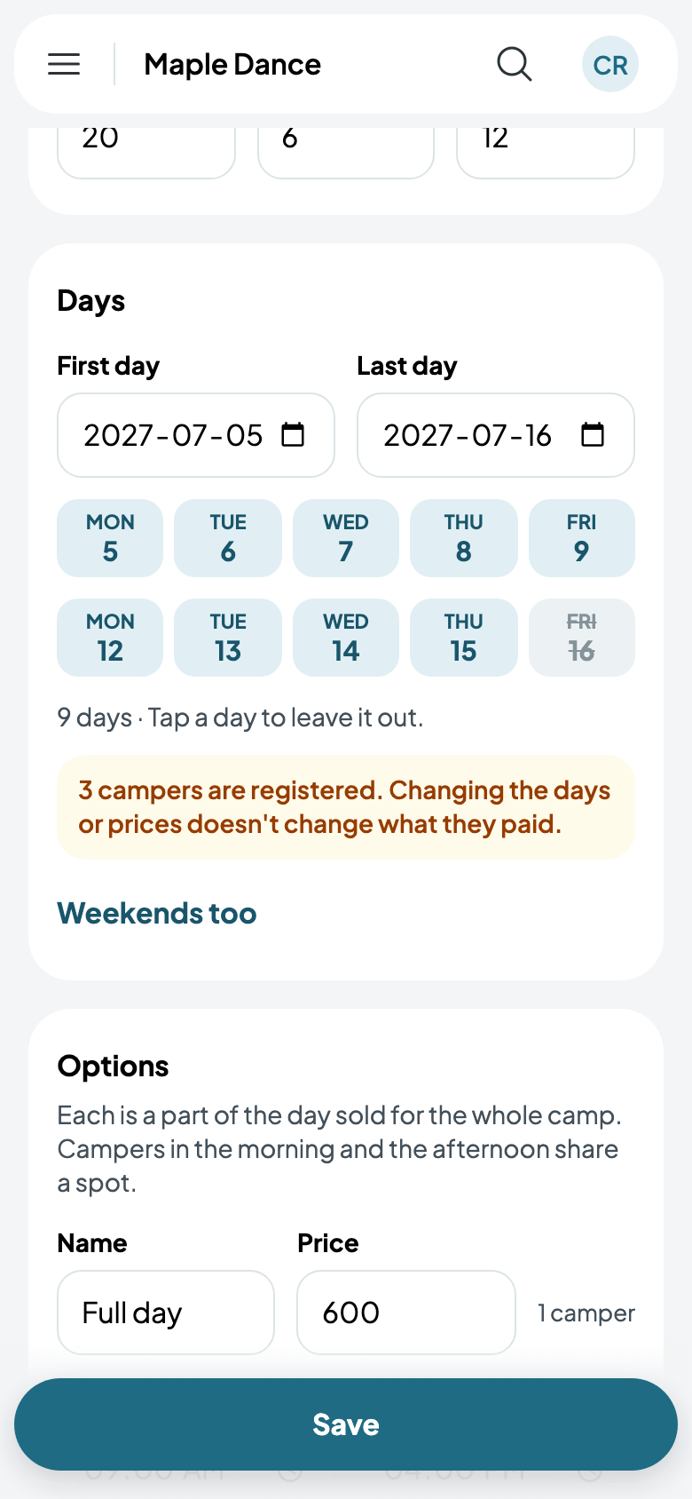 Summer Dance Camp at $600 a full day, a day shorter