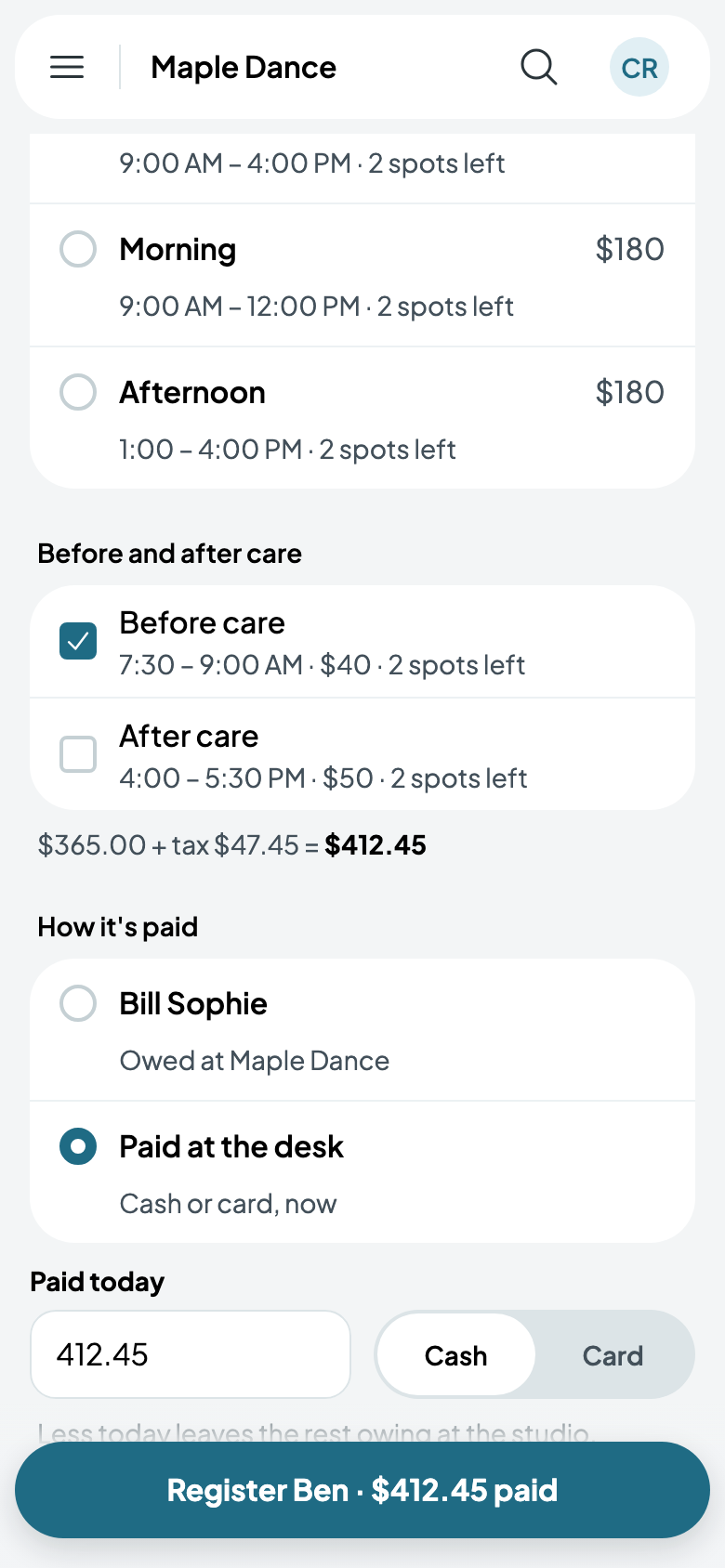 Ben's full day with before care: $412.45