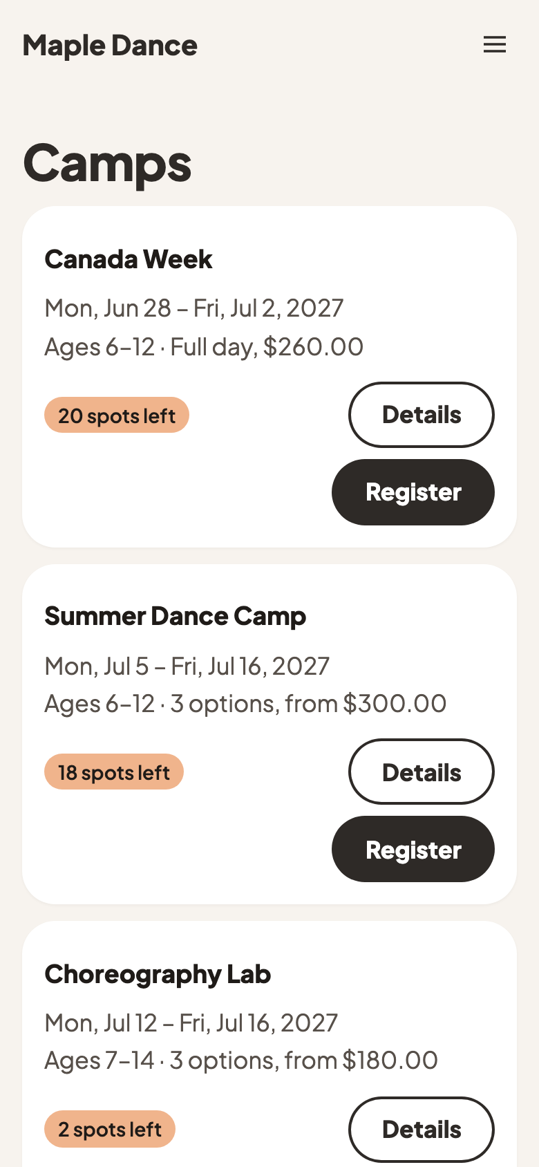 Camps on Maple Dance's website