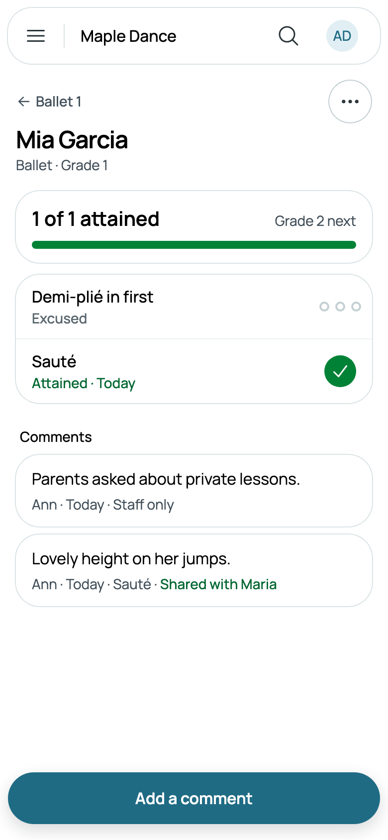 Demi-plié excused, a comment shared with Maria and one for staff only
