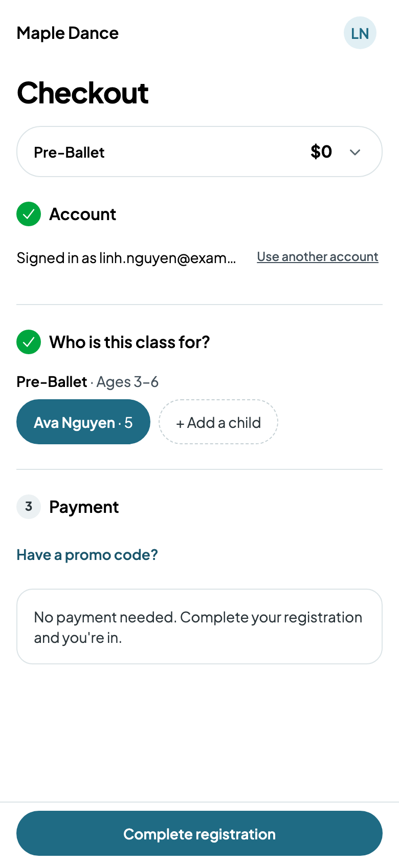 Registering Ava for Pre-Ballet