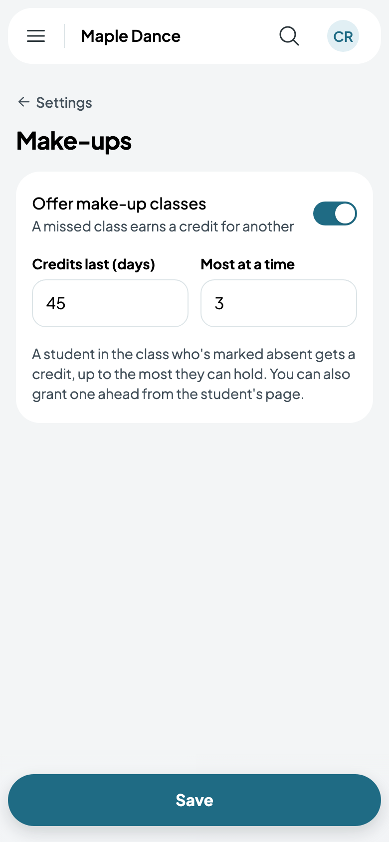 Make-ups: credits last 45 days, 3 at a time