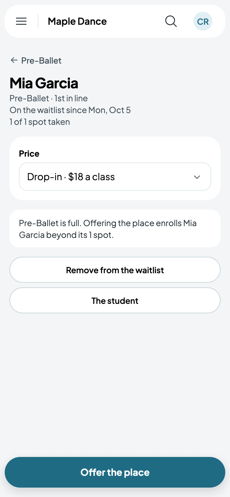 Offering Mia a place, at the drop-in price