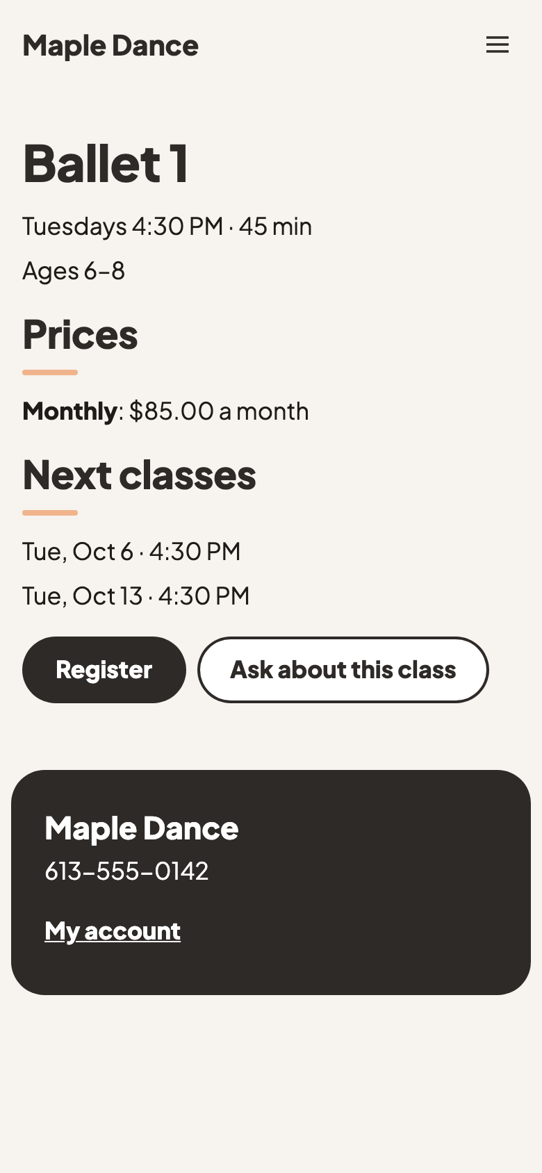 Ballet 1, $85 a month