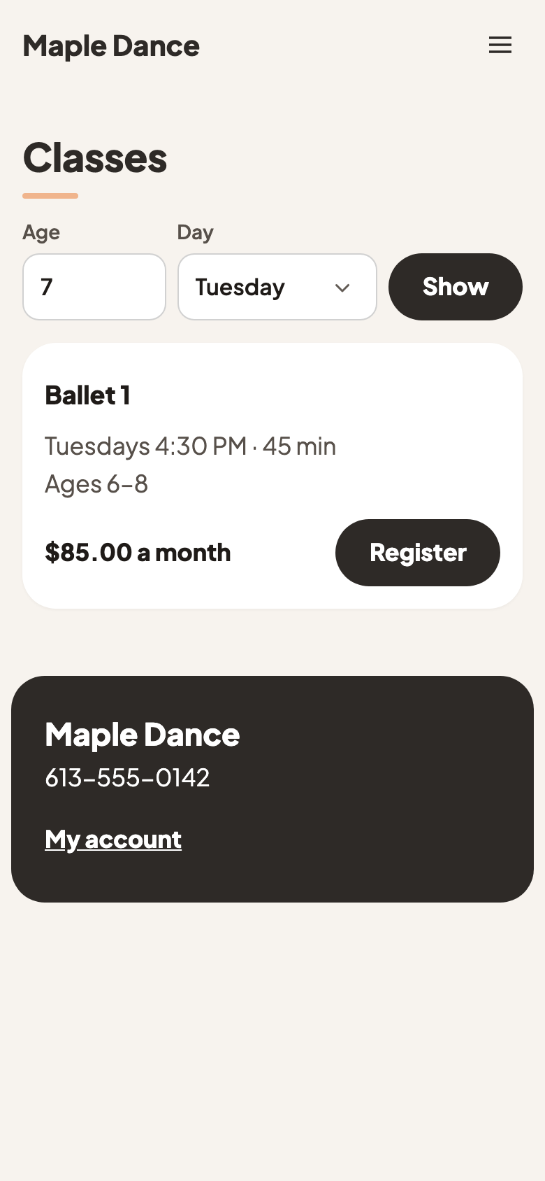 Classes for a 7-year-old on Tuesdays