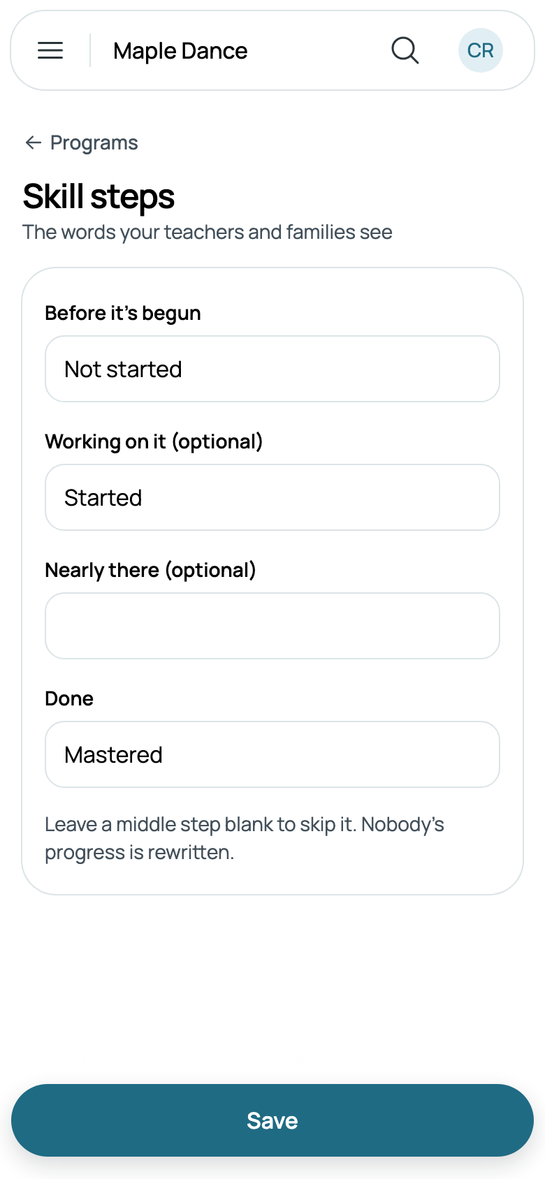 Three steps: Nearly there left blank, and Mastered for Attained