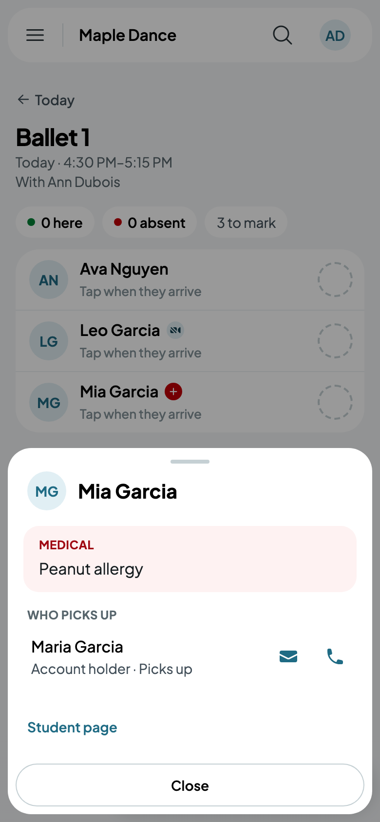 Mia's card: a peanut allergy, and Maria picks up