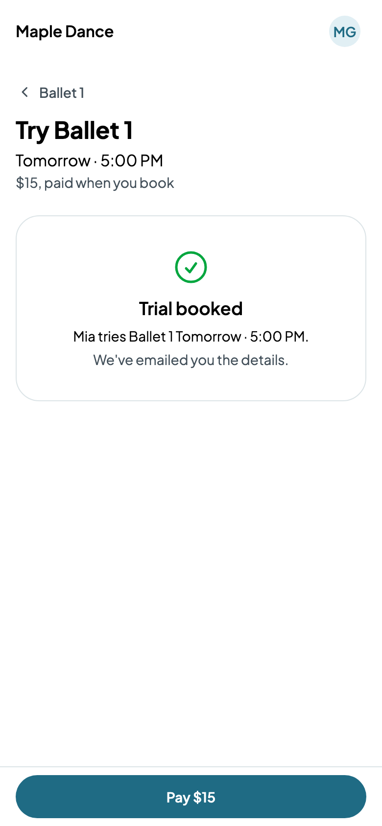 Mia's trial, booked