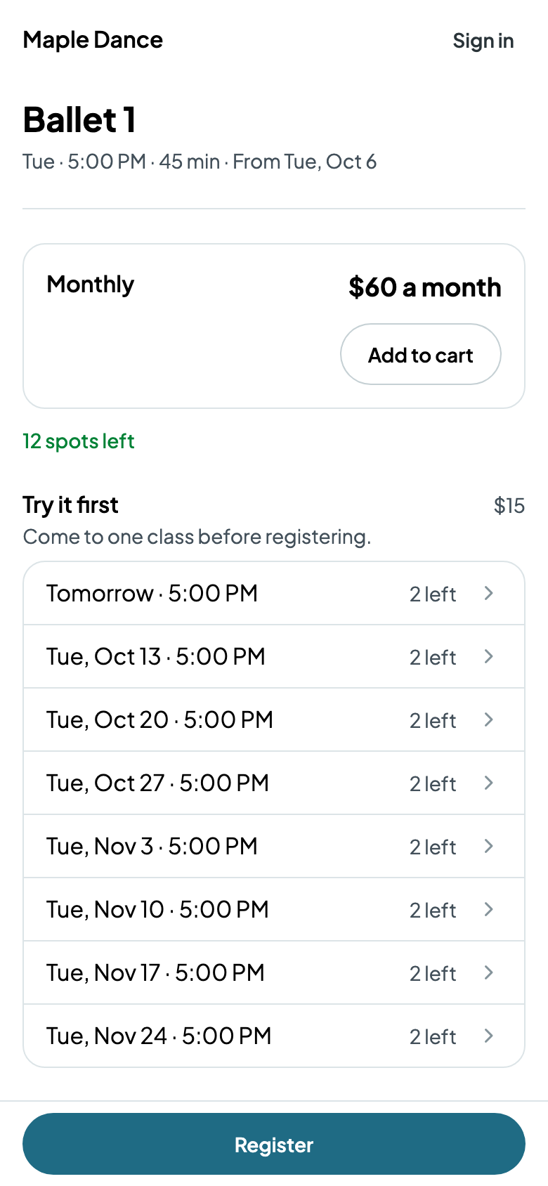 Try it first: the next dates, with places left