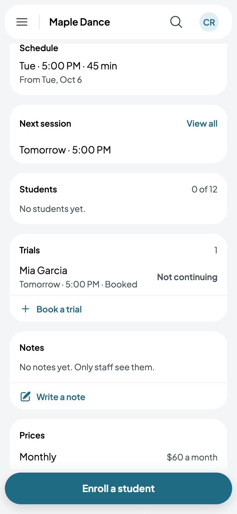 Mia's trial on the class's page
