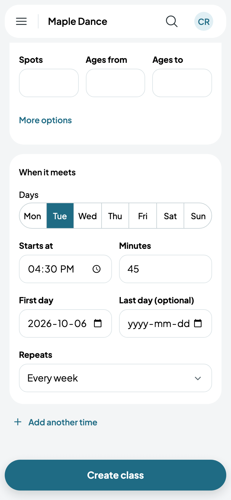 Tuesdays at 4:30 PM, for 45 minutes