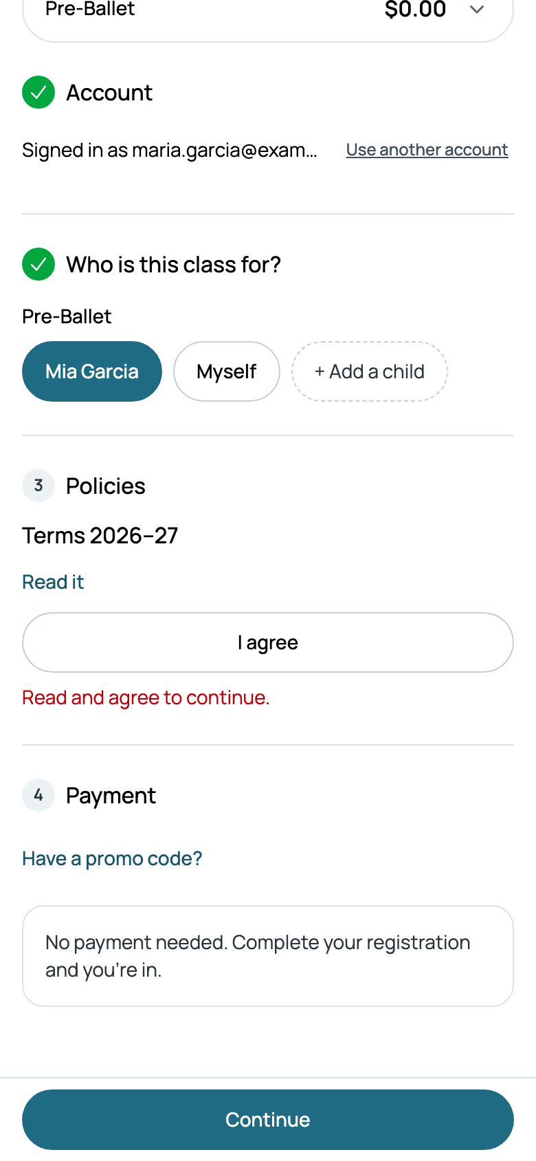 Agreeing to Terms 2026–27 at checkout