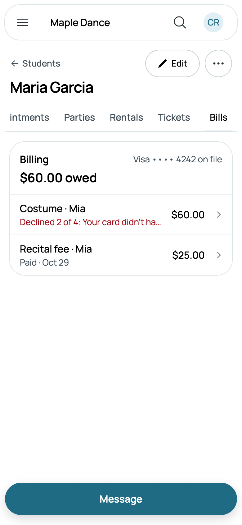 Maria Garcia's bills: $60.00 owed, her Visa on file