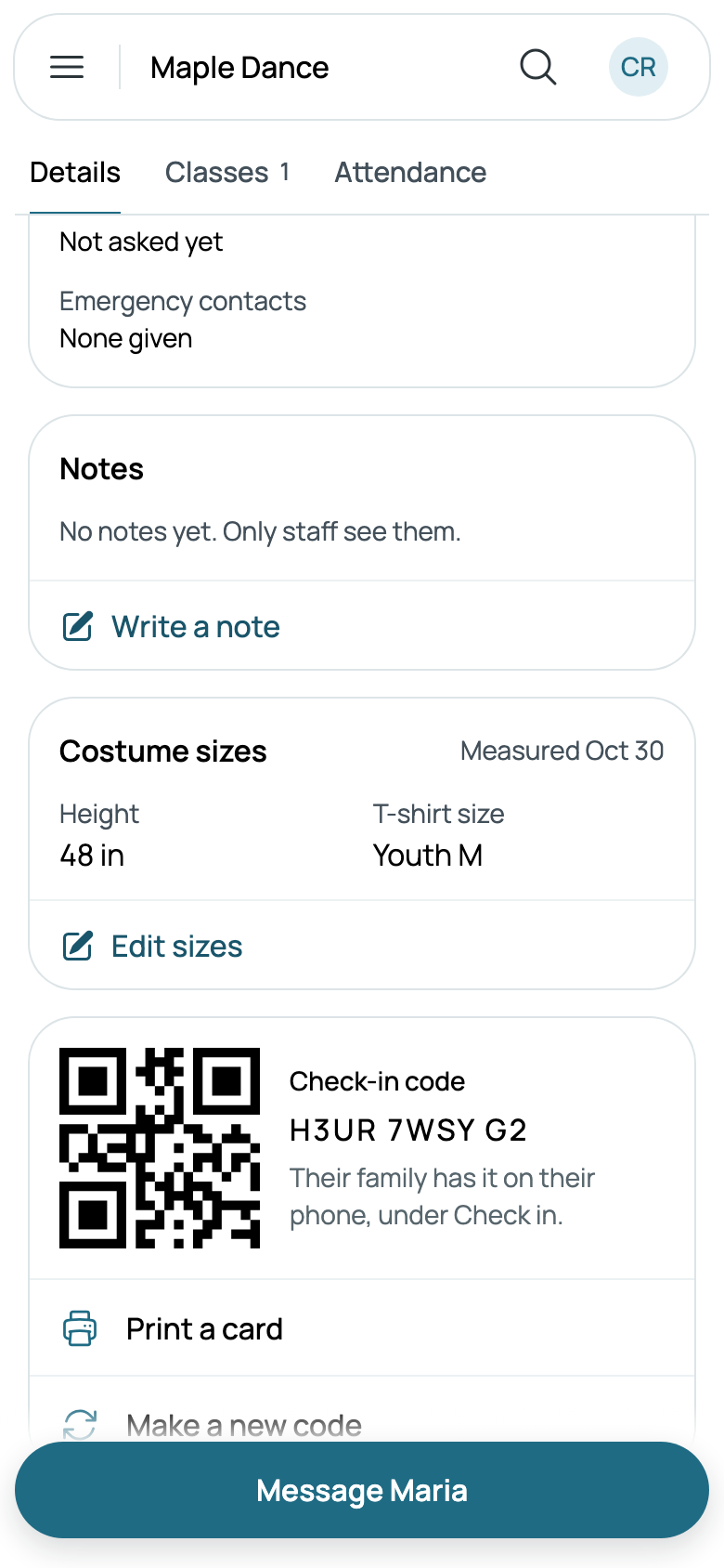 Mia's costume sizes, measured today