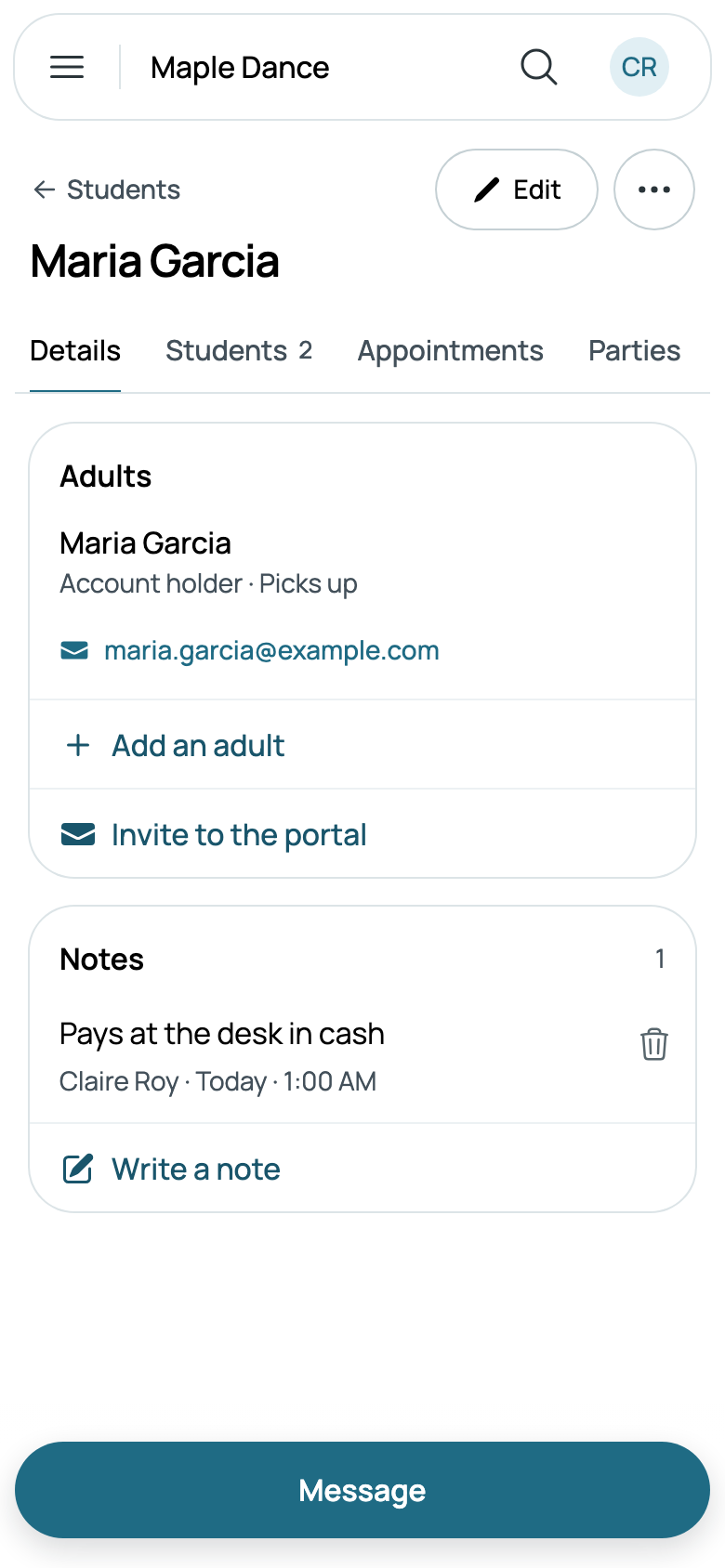 Pays at the desk in cash, a note on Maria's family