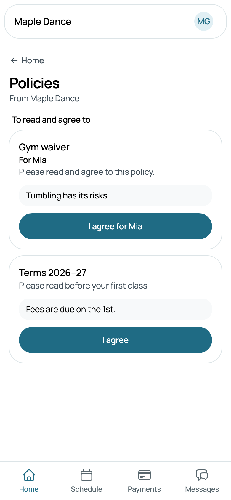 Terms 2026–27, and the gym waiver for Mia