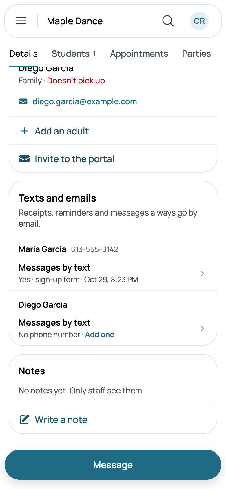 Maria said yes on the sign-up form; Diego has no phone yet