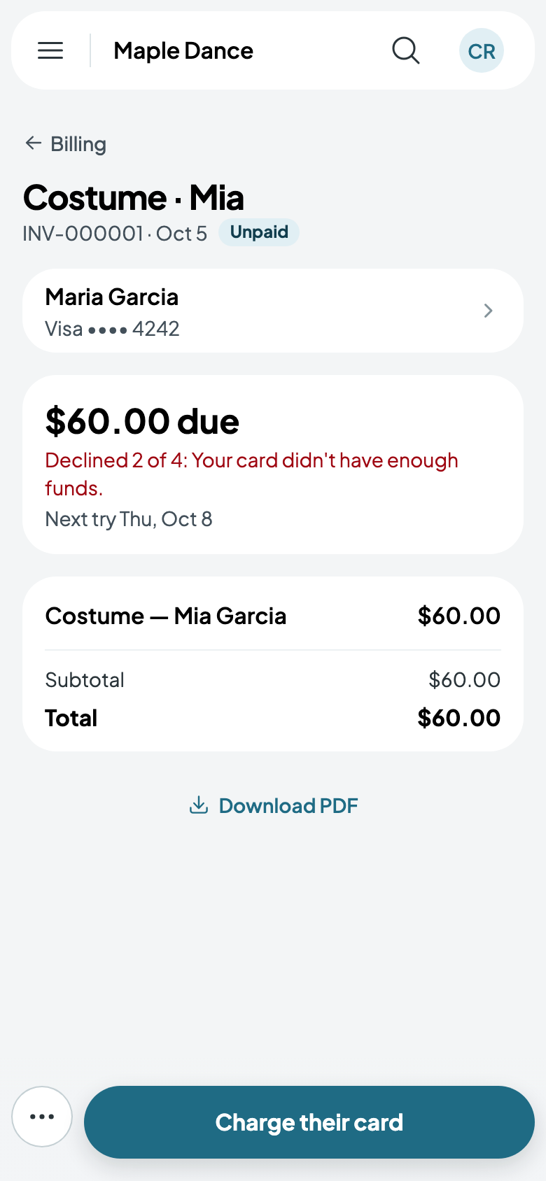 The costume bill, with Maria's card