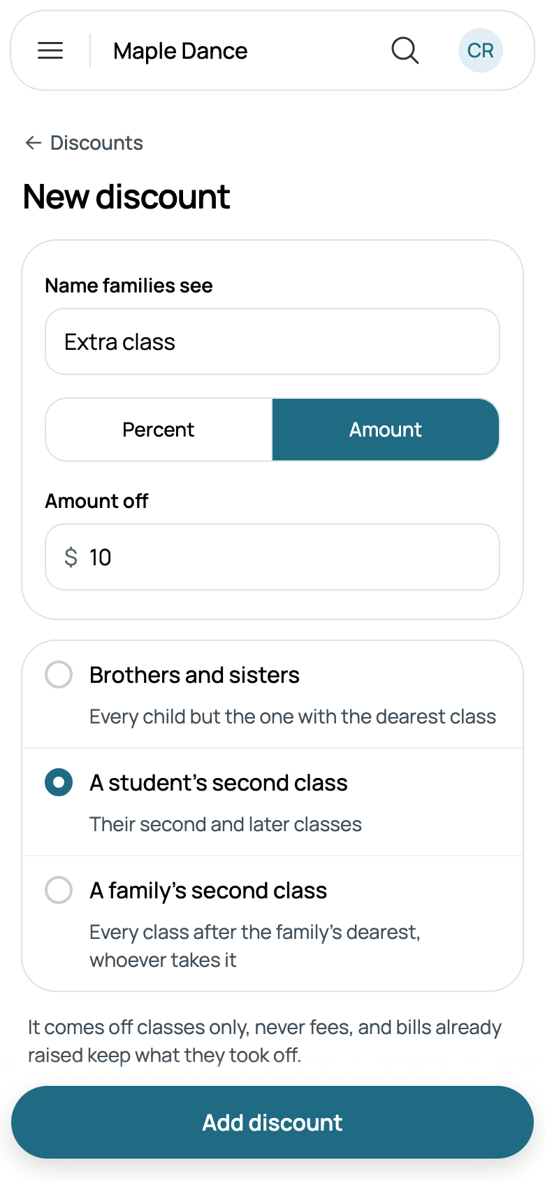 Extra class: $10 off a student's second class