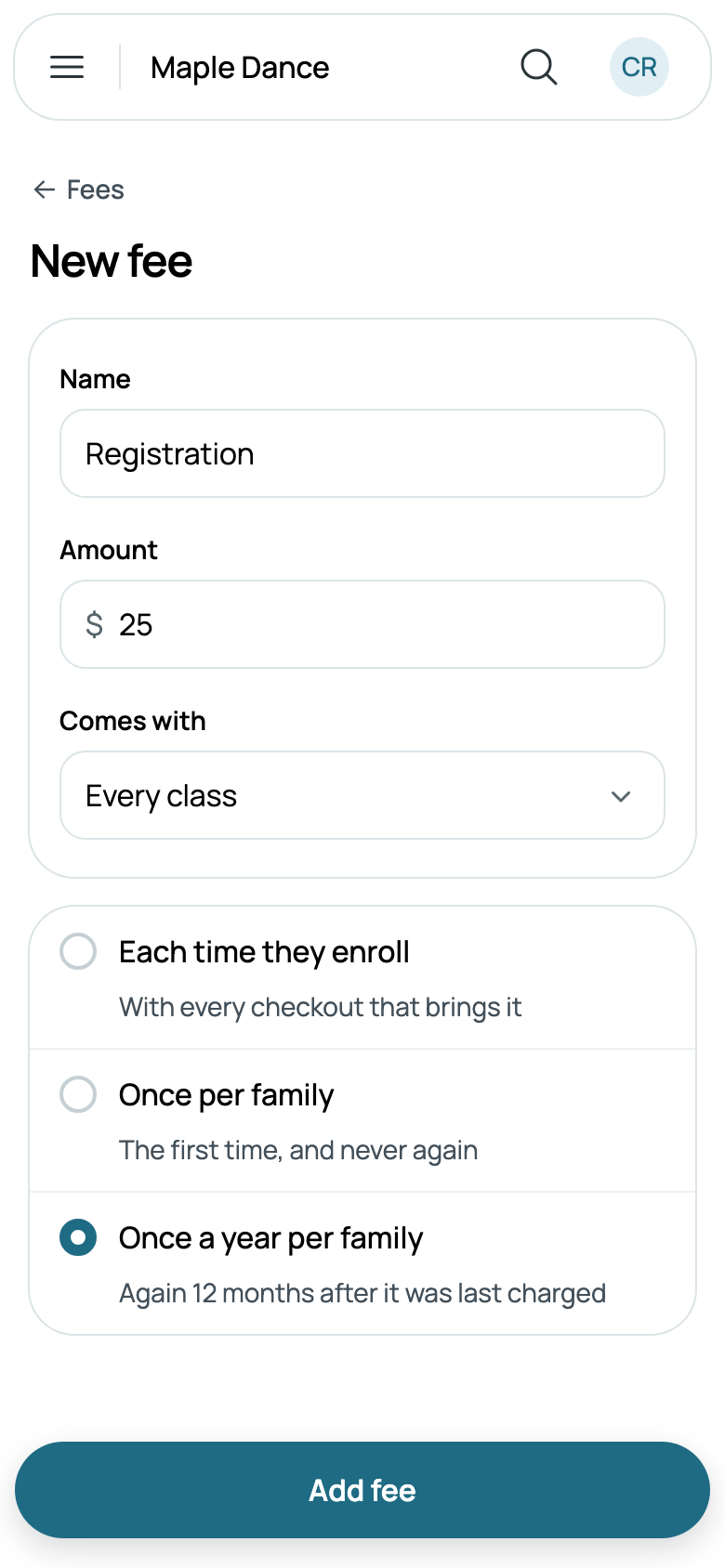 Registration, $25 once a year per family
