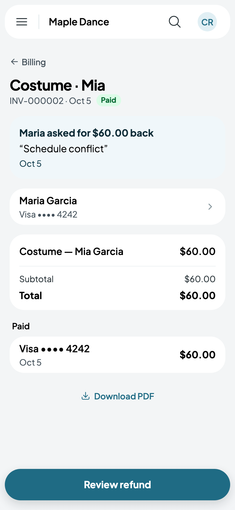 Maria asked for $60.00 back