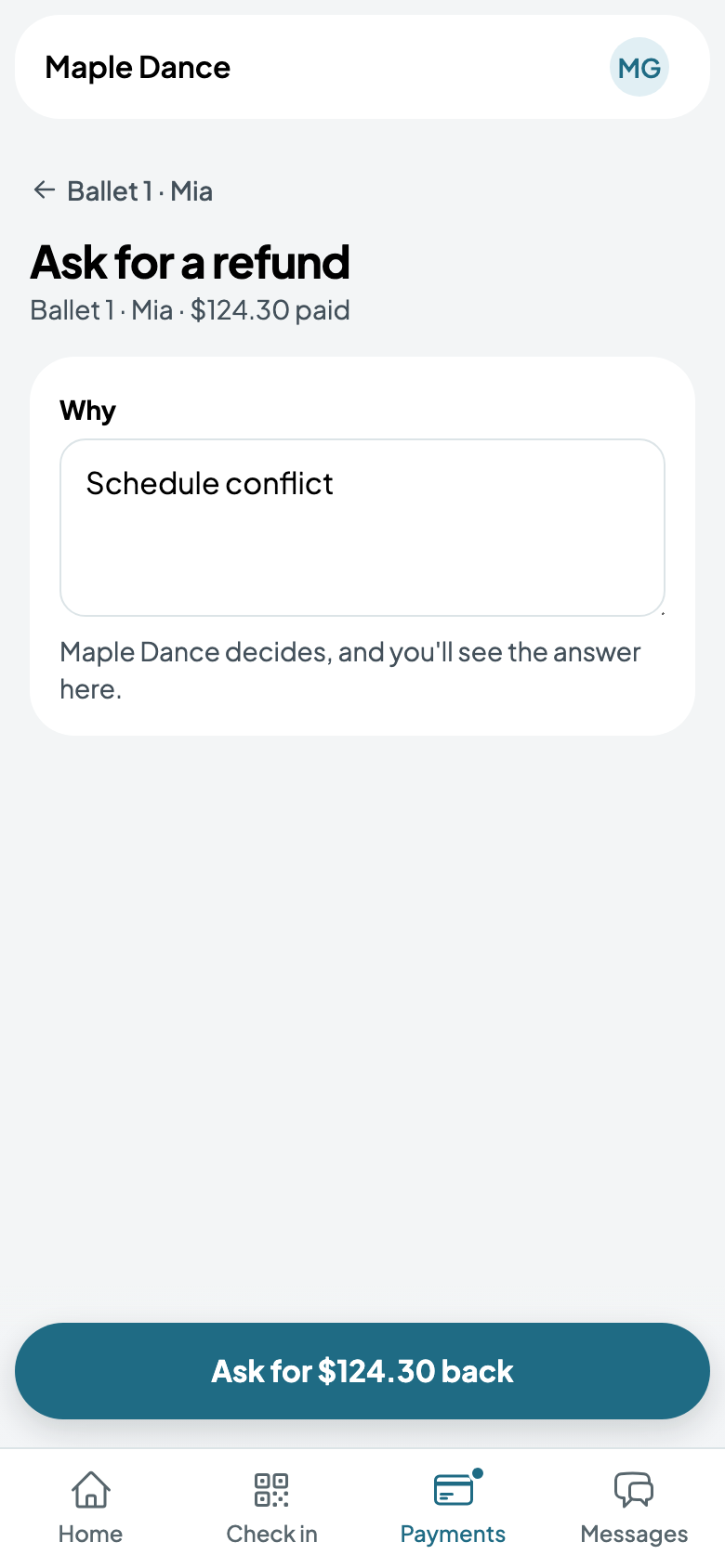 Asking for Ballet 1's $124.30 back