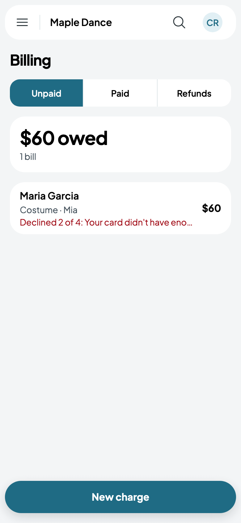 $60 owed: Maria's costume, declined