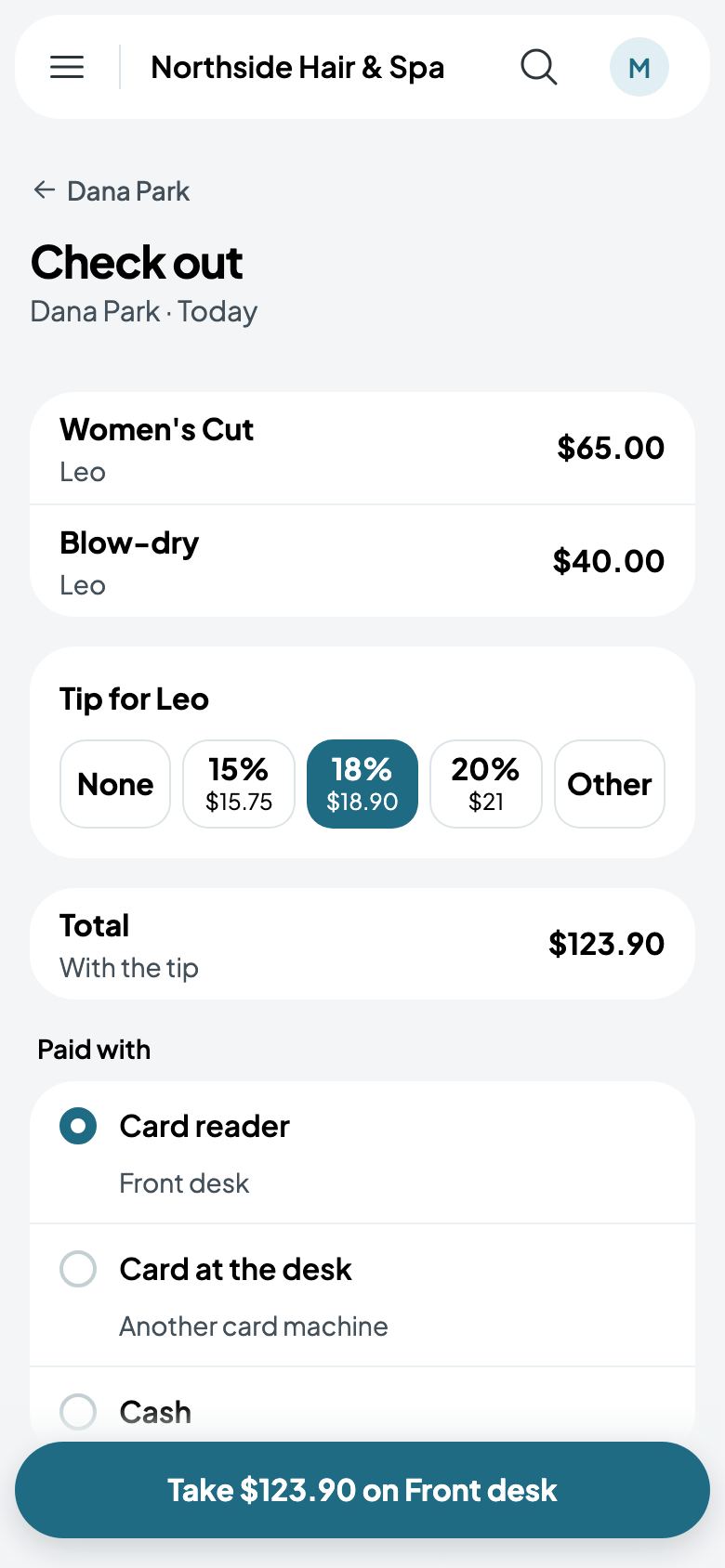 Checking out Dana, $123.90 on Front desk