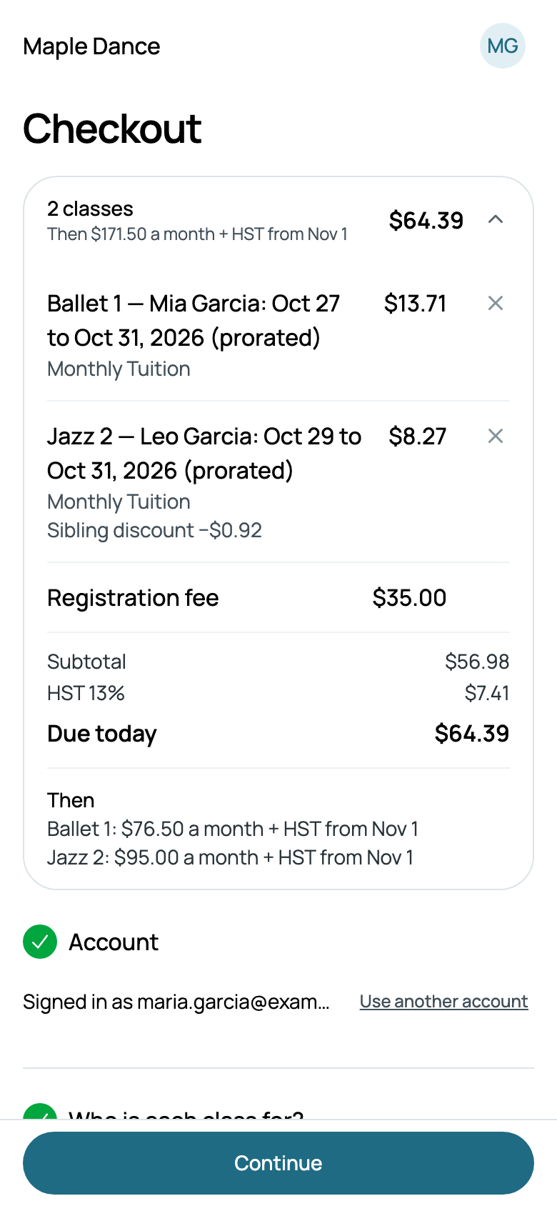 Maria's checkout: the Sibling discount off Leo's Jazz 2, and the Registration fee
