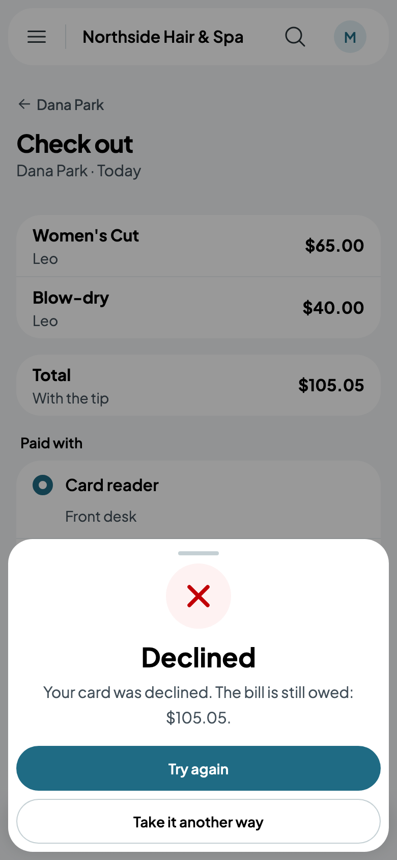 Declined: the bill is still owed