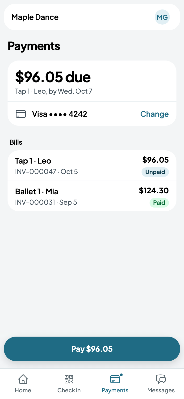 Maria's payments: one bill unpaid, one paid
