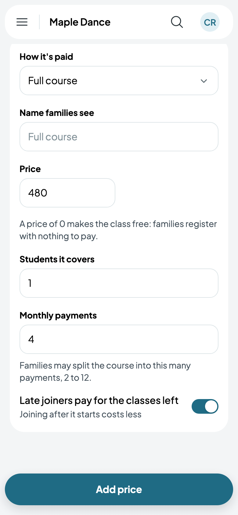 The fall course, $480 in 4 monthly payments