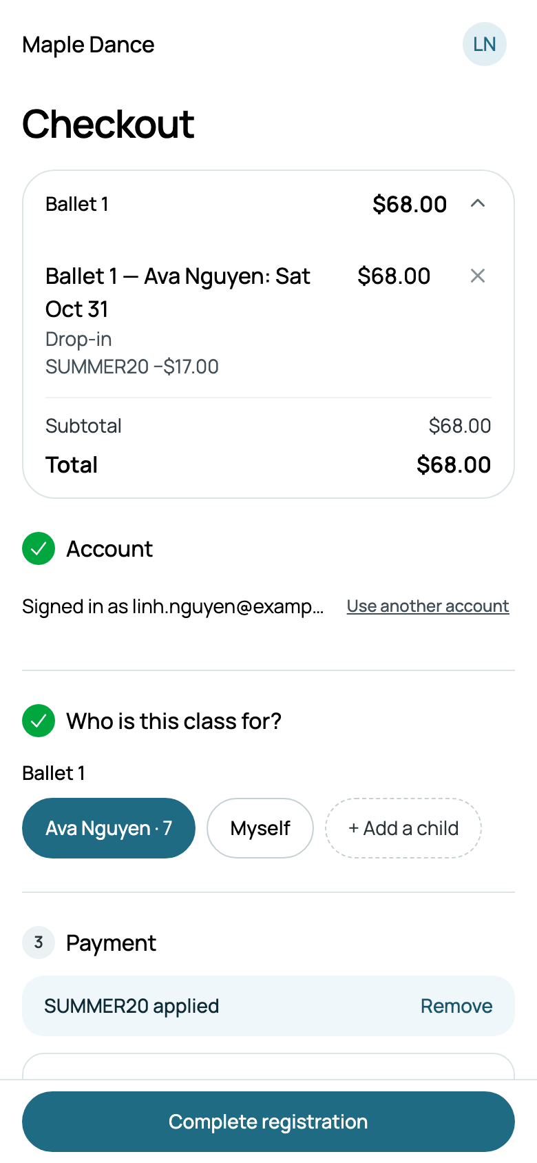 SUMMER20 −$17.00 in Linh's summary: $68.00 for Ava's Ballet 1
