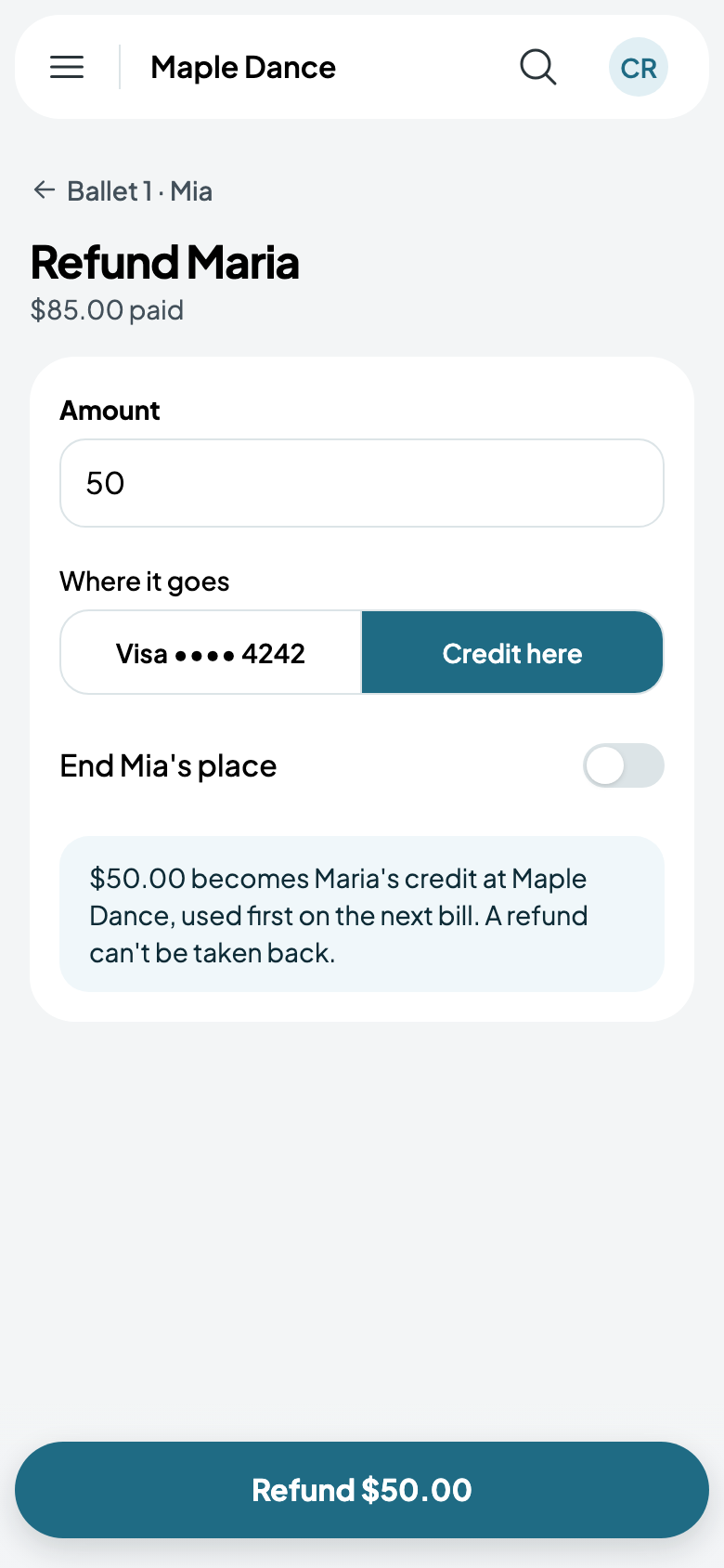 $50.00 as credit, Mia's place kept