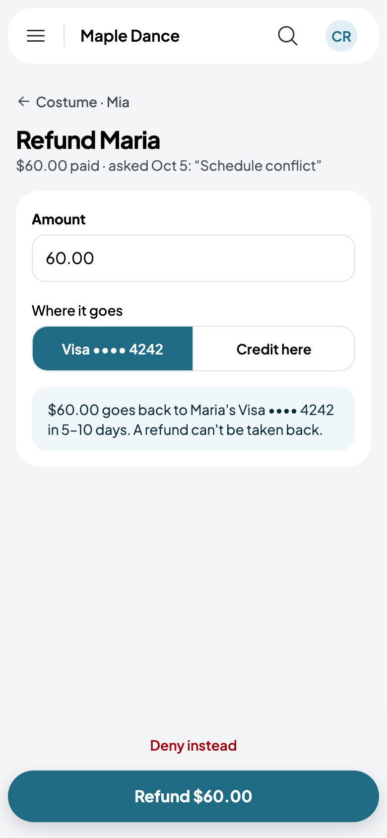 $60.00 back to Maria's card