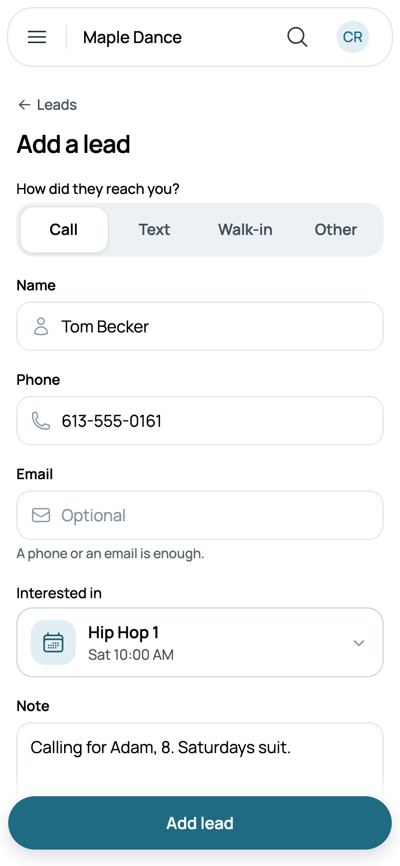 Tom Becker called about Hip Hop 1 for Adam