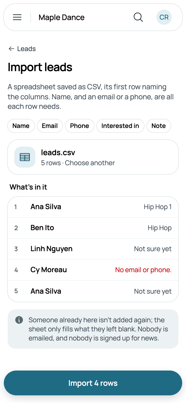 Five rows, one with no email or phone